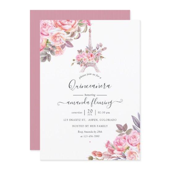 Pink Floral Watercolor Paris Quinceañera