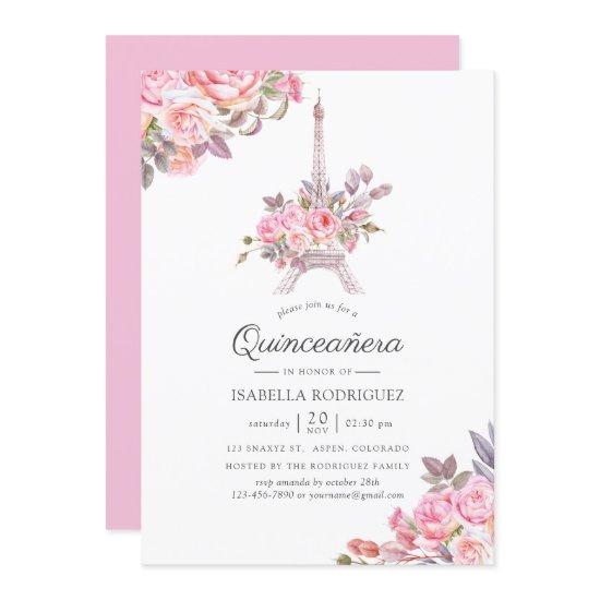 Pink Floral Watercolor Paris themed Quinceañera