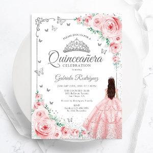 Pink Floral Watercolor Roses Silver Quinceanera