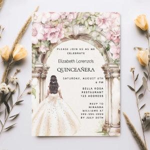 Pink florals arch white dress Quinceanera