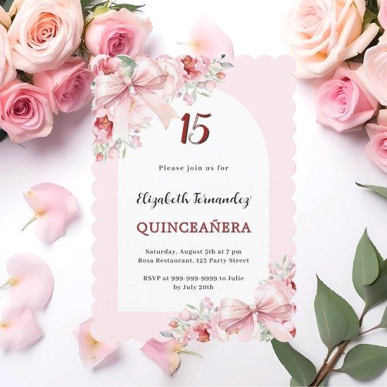 Pink florals bows arch Quinceanera scalloped