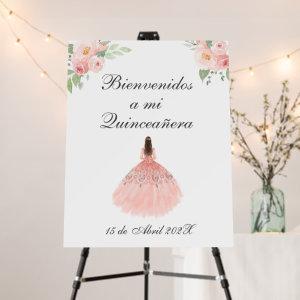 Pink flower quinceañera welcome sign