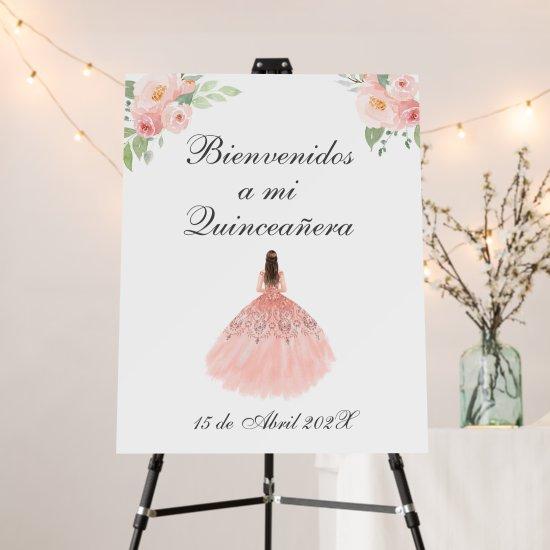 Pink flower quinceañera welcome sign