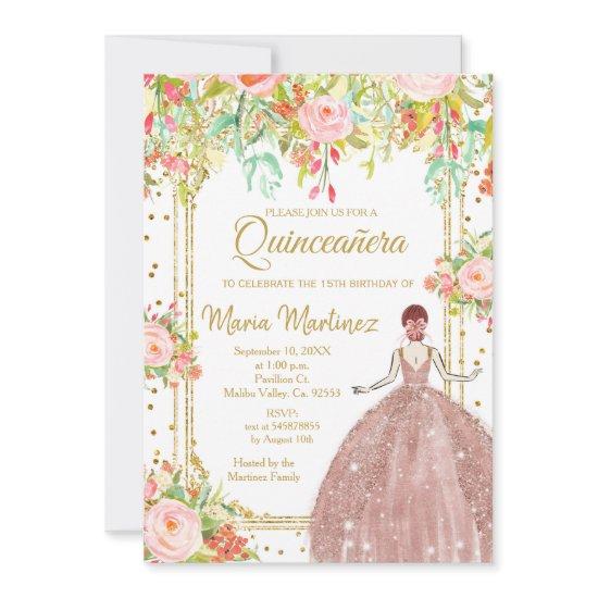 Pink Flowers and Gold Glitters Quinceanera