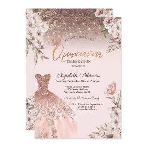Pink Flowers Glitter Butterflies Dress Quinceañera