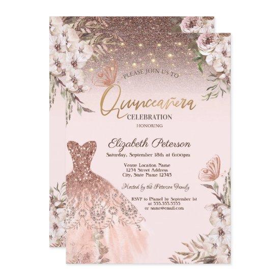 Pink Flowers Glitter Butterflies Dress Quinceañera