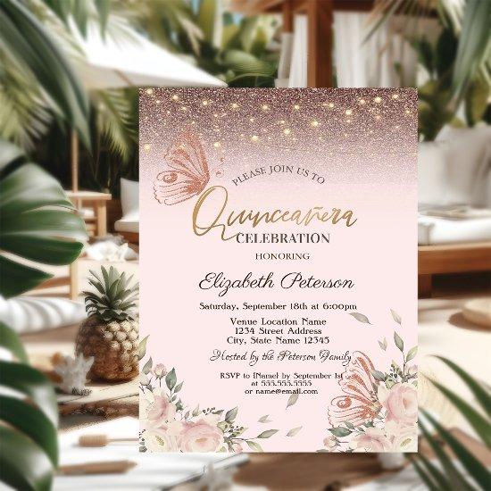 Pink Flowers Glitter Butterflies Quinceañera
