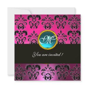 PINK FUCHSIA BLACK DAMASK MONOGRAM,blue aquamarine