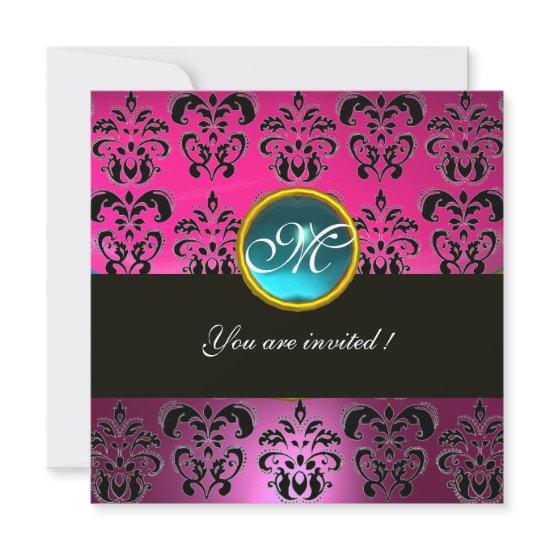 PINK FUCHSIA BLACK DAMASK MONOGRAM,blue aquamarine