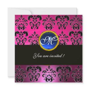 PINK FUCHSIA BLACK DAMASK MONOGRAM, blue sapphire
