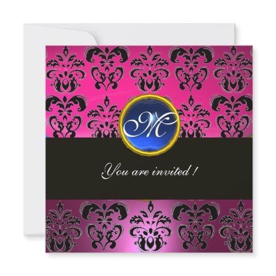 PINK FUCHSIA BLACK DAMASK MONOGRAM, blue sapphire