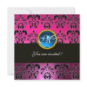 PINK FUCHSIA BLACK DAMASK MONOGRAM, blue sapphire