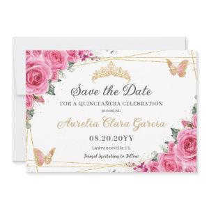 Pink Fuchsia Floral Gold Quinceanera Sweet Sixteen Save The Date