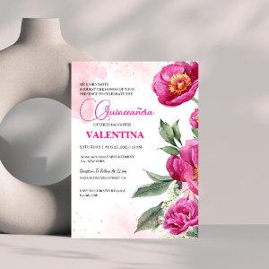 Pink Fuchsia Floral Gold Watercolor Quinceañera