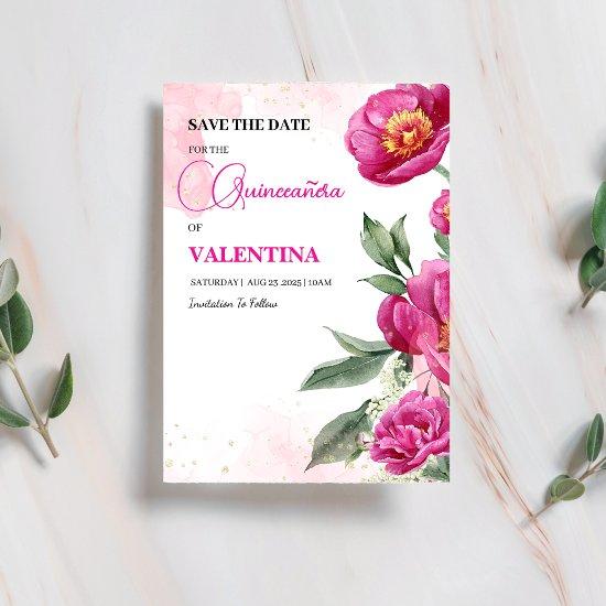 Pink Fuchsia Floral Gold Watercolor Quinceañera Save The Date
