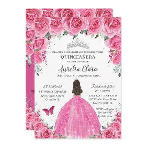 Pink Fuchsia Floral Silver Quinceañera Princess XV