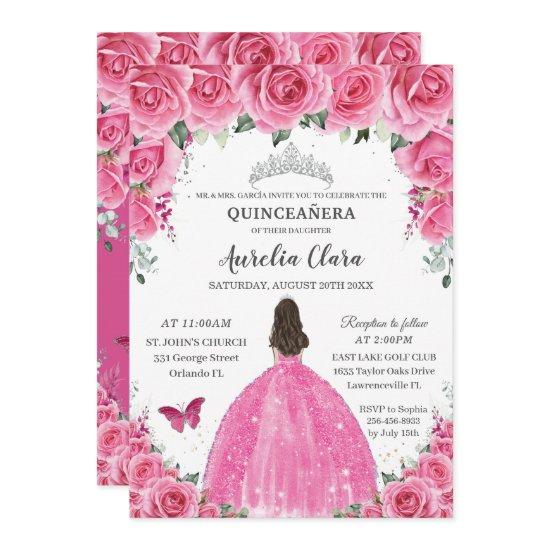 Pink Fuchsia Floral Silver Quinceañera Princess XV