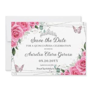 Pink Fuchsia Floral Silver Quinceanera XV Sweet 16 Save The Date
