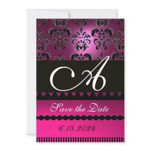 PINK FUCHSIA PURPLE DAMASK MONOGRAM Black Save The Date