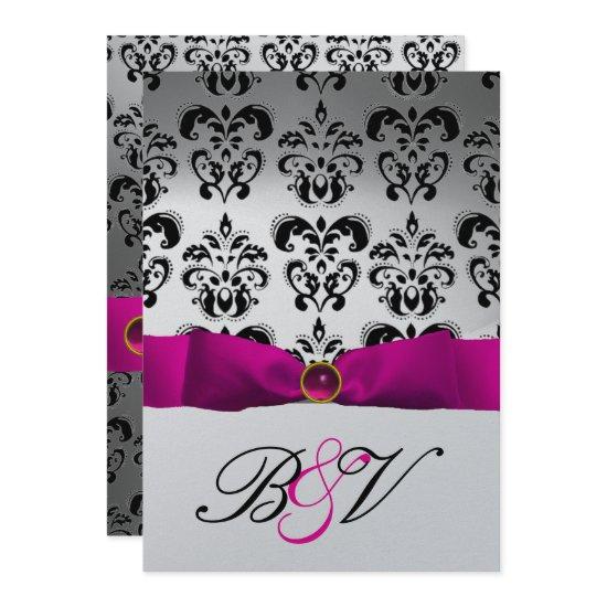 PINK FUCHSIA RIBBON SILVER BLACK  DAMASK MONOGRAM