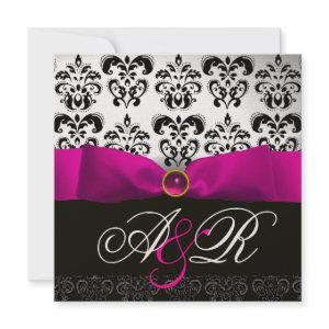 PINK FUCHSIA RIBBON WHITE BLACK  DAMASK MONOGRAM