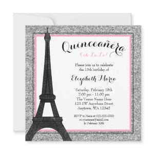 Pink Glam Paris Faux Silver Glitter Quinceanera