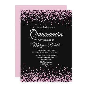 Pink Glitter Confetti Black Quinceanera Invite