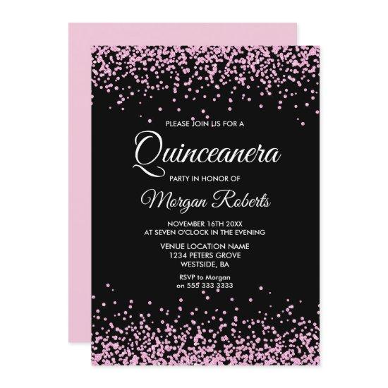Pink Glitter Confetti Black Quinceanera Invite