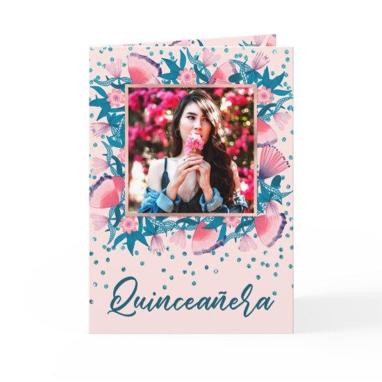 Pink Glitter Confetti Floral Español Quinceañera