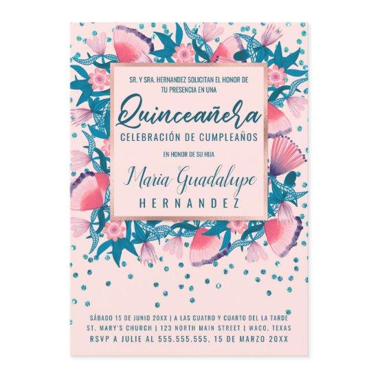 Pink Glitter Confetti Floral Español Quinceañera