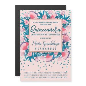 Pink Glitter Confetti Floral Español Quinceañera Magnetic