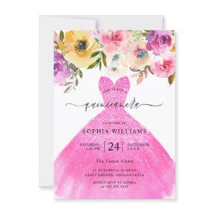 Pink Glitter Dress Colorful Flowers Quinceanera