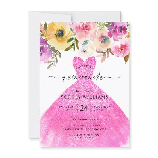 Pink Glitter Dress Colorful Flowers Quinceanera