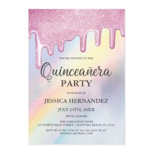 Pink Glitter Drips Rainbow Holographic Quinceañera