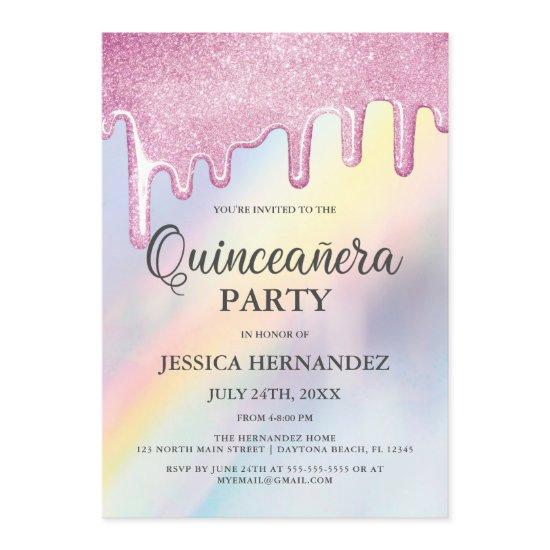 Pink Glitter Drips Rainbow Holographic Quinceañera