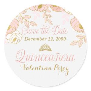 Pink Gold and White Floral Quinceanera Classic Round Sticker