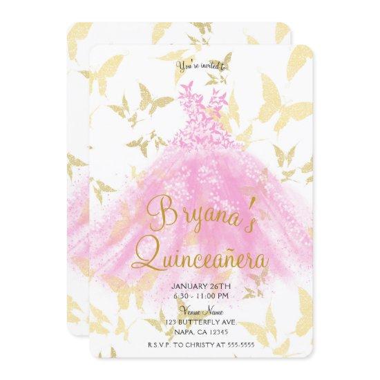 Pink & Gold Butterfly Dance Dress Quinceañera