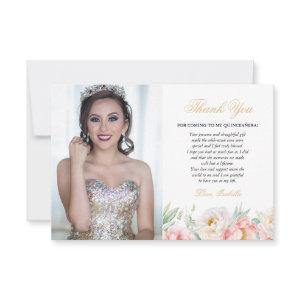 Pink & Gold Elegant Floral Photo Quinceañera Thank You Card