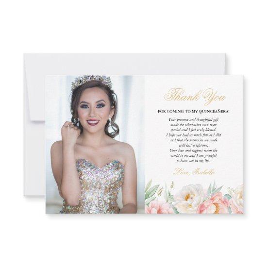 Pink & Gold Elegant Floral Photo Quinceañera Thank You Card