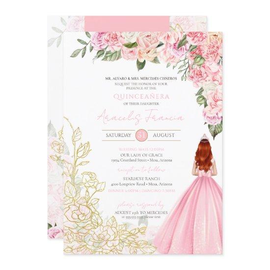Pink Gold Elegant Floral Pretty Dress Quinceanera