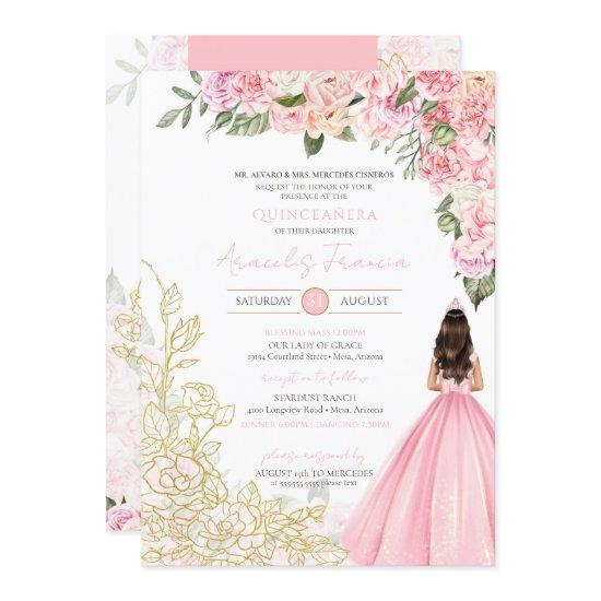 Pink Gold Elegant Floral Pretty Dress Quinceanera
