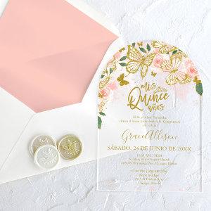 Pink Gold Floral Butterfly Quinceañera  Acrylic