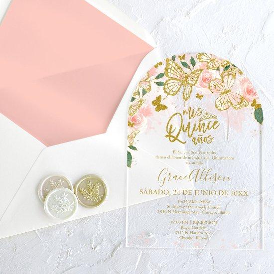 Pink Gold Floral Butterfly Quinceañera  Acrylic