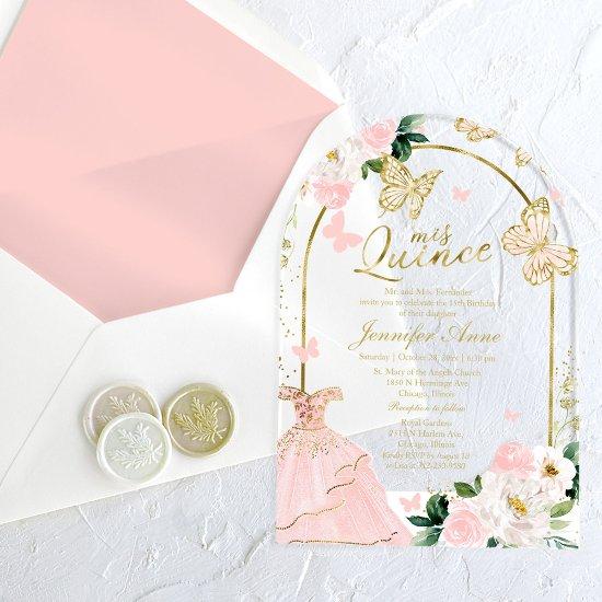 Pink Gold Floral Butterfly Quinceañera  Acrylic