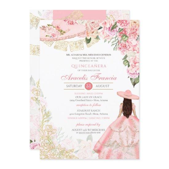 Pink & Gold Floral Charra Western Quinceanera