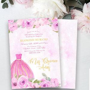 Pink Gold Floral Princess Dress Mis Quince Anos