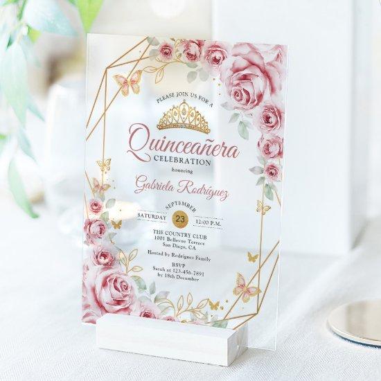 Pink Gold Floral Quinceanera Acrylic