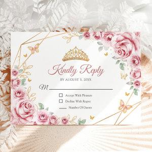 Pink Gold Floral Quinceanera Reply RSVP Card