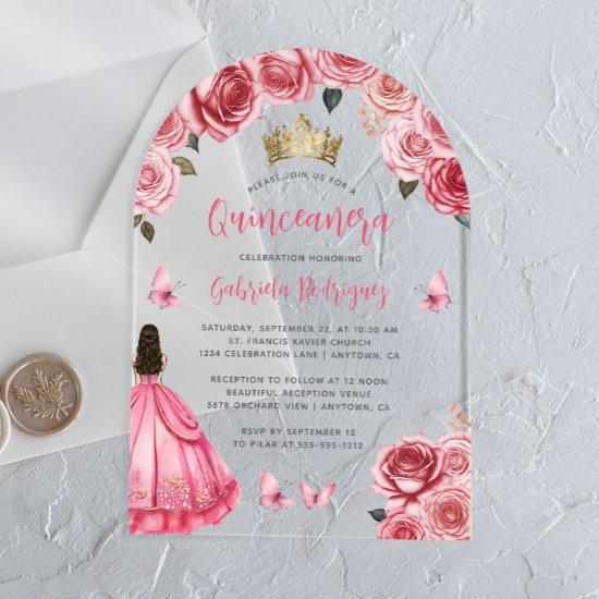 Pink Gold Floral Roses Watercolor Quinceañera Acrylic