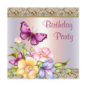 Pink Gold Flowers Butterfly Womans Birthday Party